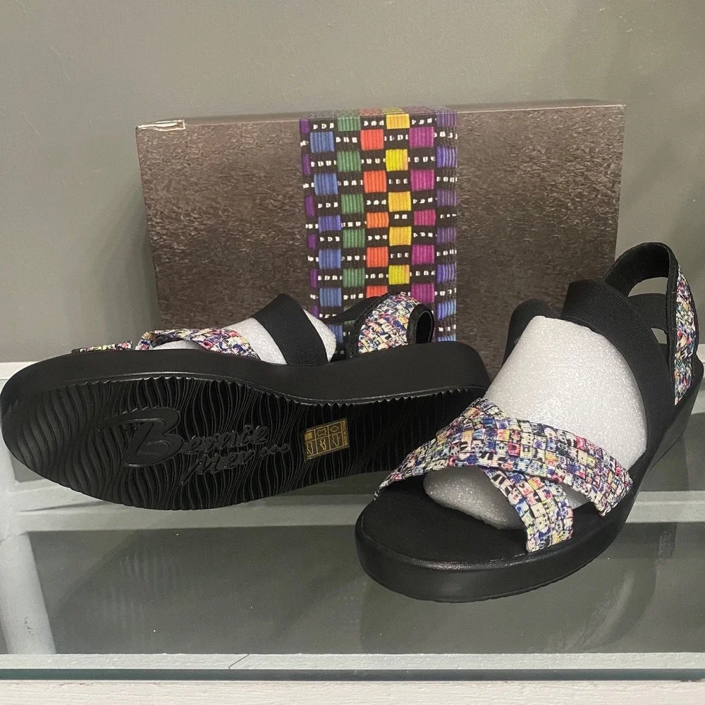 Bernie Mev Lisa Splash Multi Color Woven Elastic Wedge Sandals Women 40 NEW US9